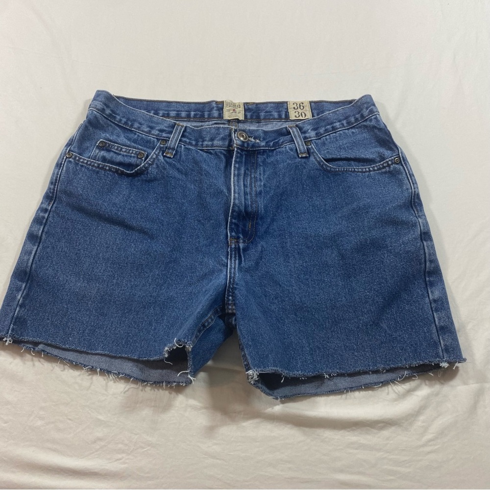 Red Head Denim Shorts Women’s 36 Cut offs Fringe Raw hem zip pockets unisex